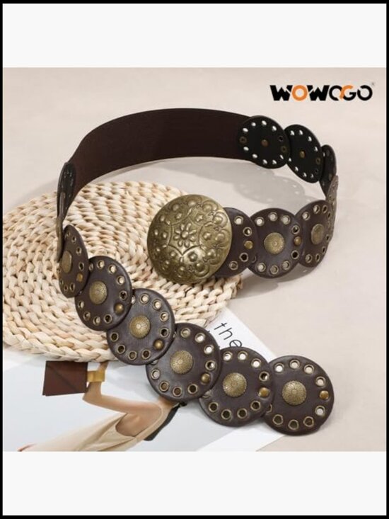 Western Boho Chunky Cowgirl Disc Belt Wide Leather Elastic Waist Hip main image 4